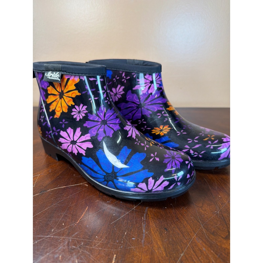 Stride by Sloggers Womens Floral Waterproof Rain Boots Black Multi Ankle Boot 8